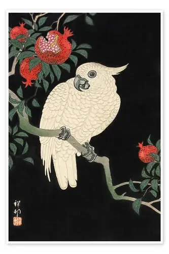 A cockatoo on a pomegranate tree de Ohara Koson Master Collection