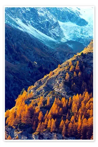 A paraglider flying in autumn, Zermatt, Valais, Swiss Alps, Switzerland, Europe de Christian Kober Robert Harding