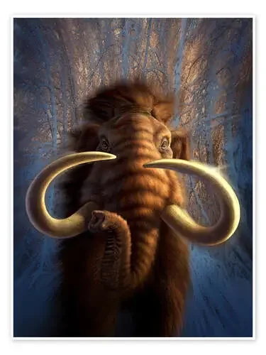 A Woolly Mammoth bursting out of a snowy, wooded backdrop. de Jerry LoFaro Stocktrek Images