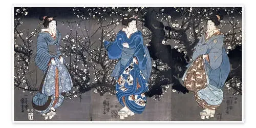 An oban triptych depicting a Nocturnal Scene with three Bijin de Utagawa Kuniyoshi Bridgeman Images
