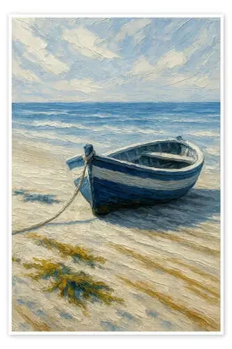 Blue fishing boat on sandy beach de Natalie Bruns