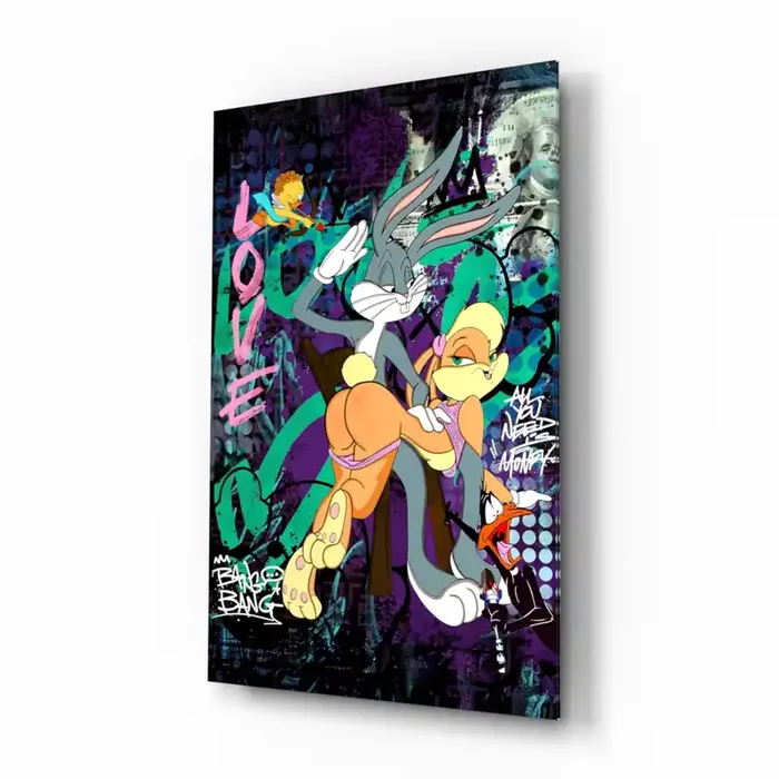 Bugs and Lola The Graffiti Dance of Love Glass Wall Art Designer Collection – 28.5 » X 18 «