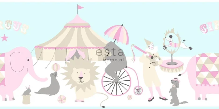 cenefa de papel pintado circo rosa claro, azul claro y beige de ESTAhome – 178702