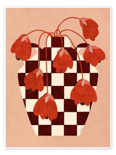 Checkered Vase with Red Flowers de EL BUEN LIMÓN
