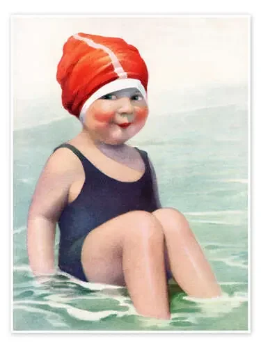 Child Wearing a Swim Cap Sitting in the Surf Bridgeman Images