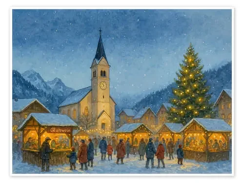 Christmas market in snowy alpine village de Natalie Bruns
