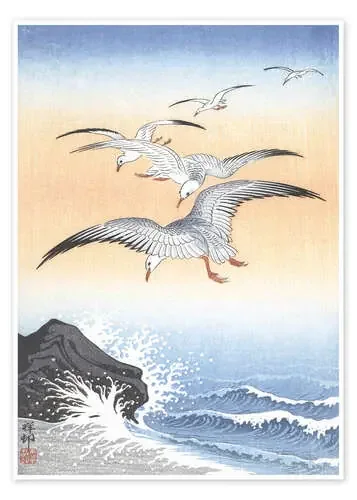 Cinco gaviotas sobre el mar tempestuoso de Ohara Koson ARTOTHEK