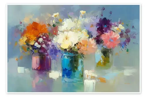 Colourful flowers in glass jars de Leon Devenice