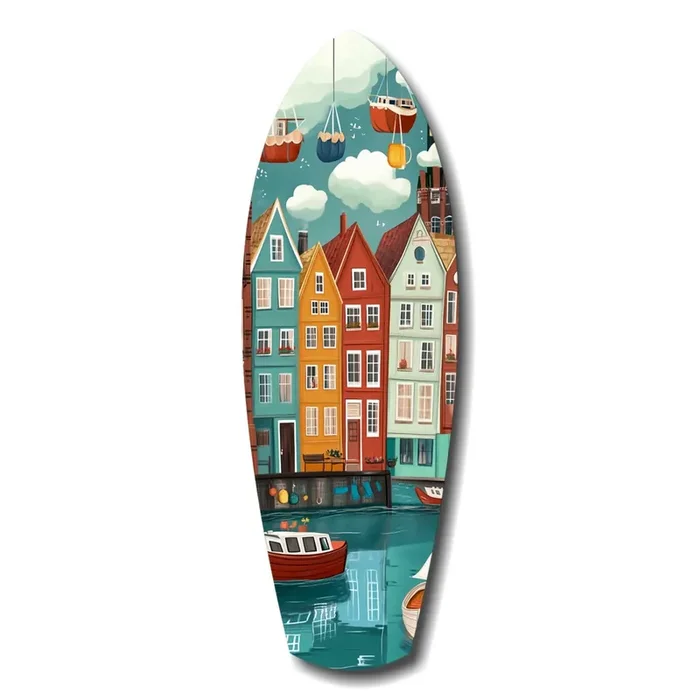 Cute Coastal Village Glass Wall Art – 12 » X 35 «