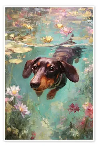Dachshund dog swims in a pond with colourful water lilies de pixelliebe