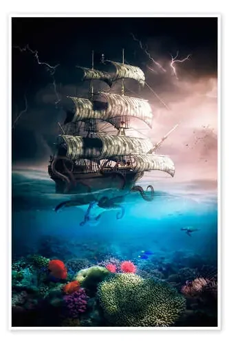 Deep sea octopus with pirate ship de Gen Z