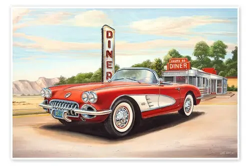 Diner y coche clásico rojo. de Georg Huber