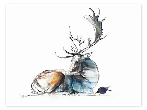 Elk with bird de Mark Adlington Bridgeman Images