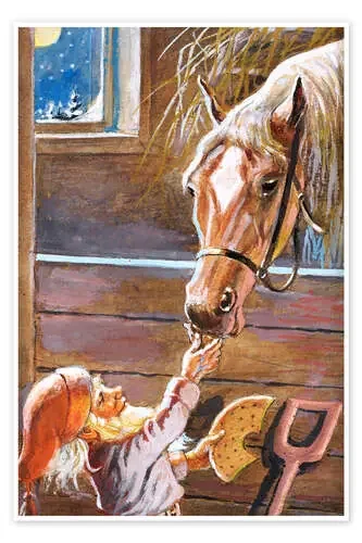Enanito alimentando un caballo en el establo de Jenny Nyström Master Collection
