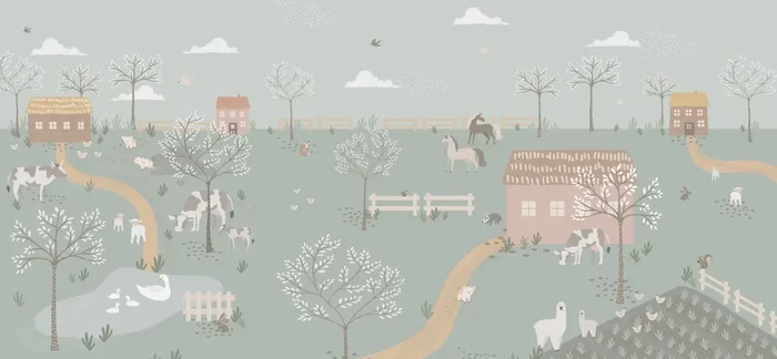 fotomural animales de granja verde grisáceo de ESTAhome – 159267