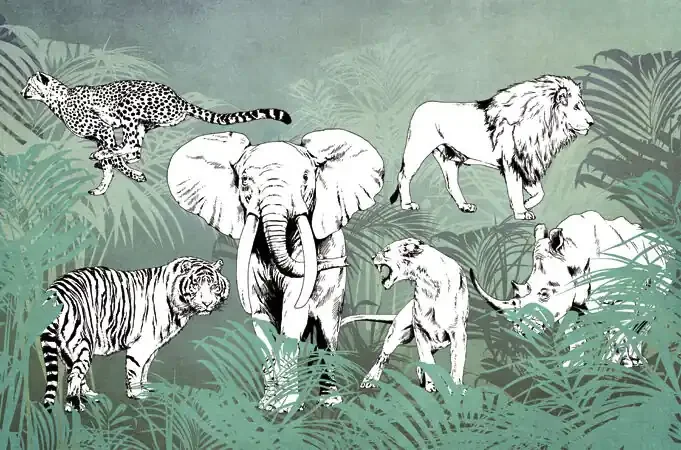 fotomural animales de la selva azul, verde y blanco y negro de Sanders & Sanders – 640893