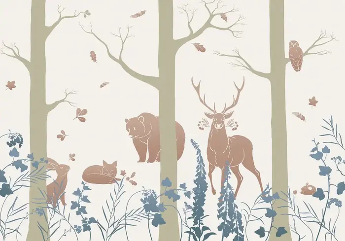 fotomural animales del bosque azul, beige y color arena de Sanders & Sanders – 611721
