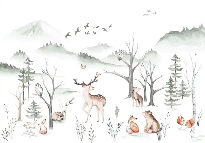 fotomural animales del bosque blanco, verde y beige de Komar – 610868