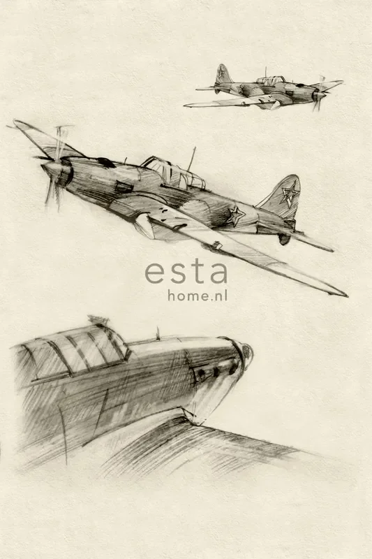 fotomural aviónes dibujados beige y gris de ESTAhome – 158805