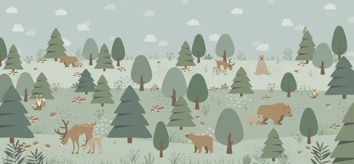 fotomural bosque con animales del bosque verde de ESTAhome – 159289