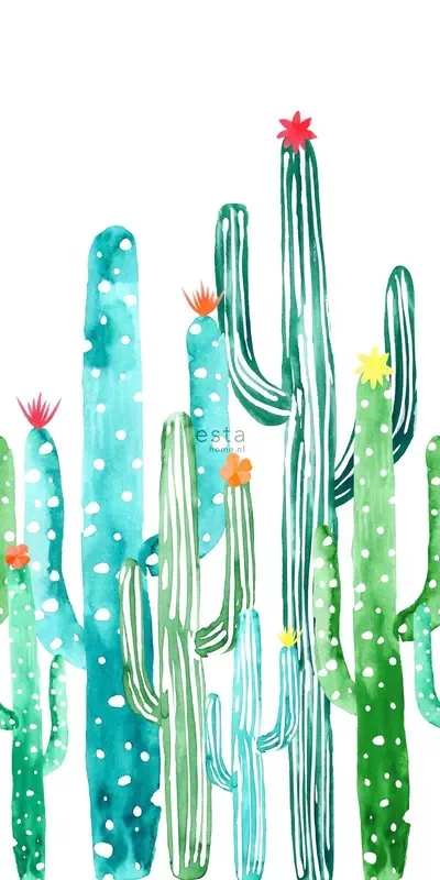 fotomural cactus en flor pintados a la acuarela verde selva tropical y turquesa de ESTAhome – 158829