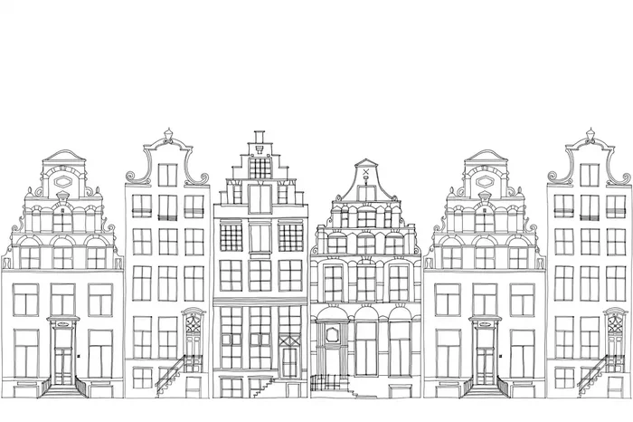fotomural casas de los canales de Amsterdam dibujadas negro y blanco de ESTAhome – 159104