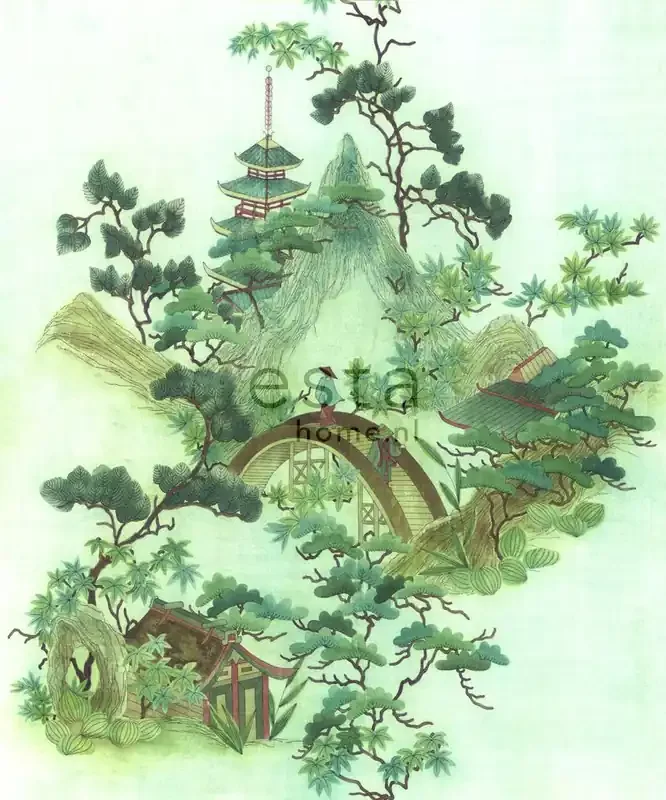 fotomural chinoiserie verde y marrón de ESTAhome – 158114