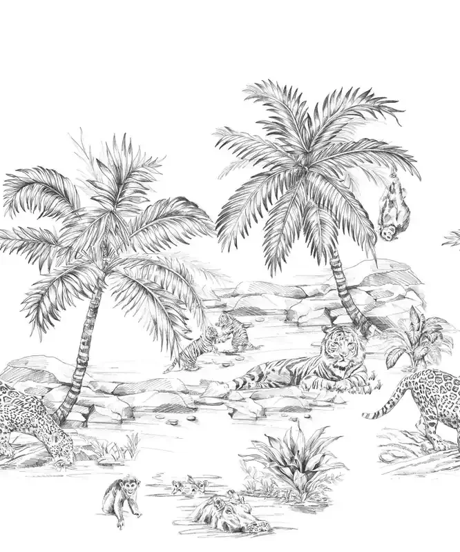 fotomural dibujo a la pluma de safari blanco y negro de Origin Wallcoverings – 357223