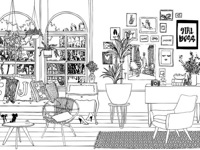 fotomural dibujo sala de estar pared de imágenes blanco y negro de ESTAhome – 159096