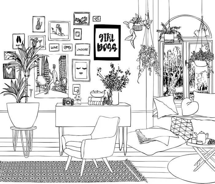 fotomural dibujo sala de estar pared de imágenes blanco y negro de ESTAhome – 159097