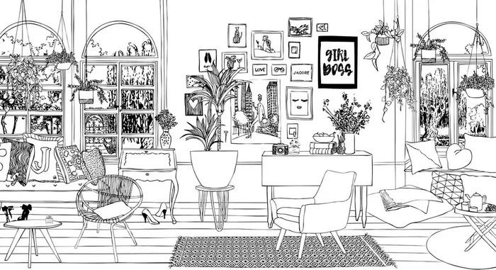 fotomural dibujo sala de estar pared de imágenes blanco y negro de ESTAhome – 159098