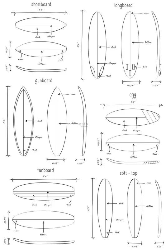 fotomural dibujos técnicos de tablas de surf negro y blanco de ESTAhome – 158848