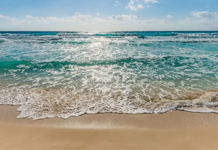 fotomural en la playa con vistas al mar azul y beige de Komar – 611047