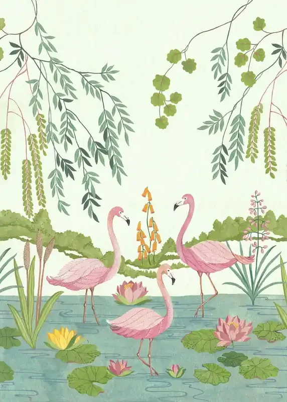 fotomural Flamingo Vibes rosa, verde y azul de Komar – 610840