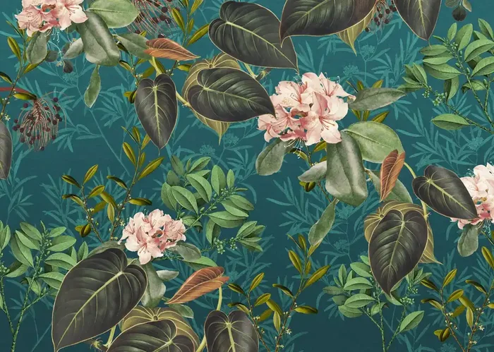 fotomural flores azul, verde y rosa de Komar – 611644