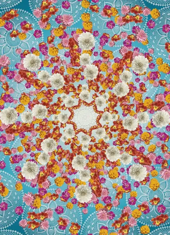 fotomural flores caleidoscopio azul, rosa y amarillo de Sanders & Sanders – 612301
