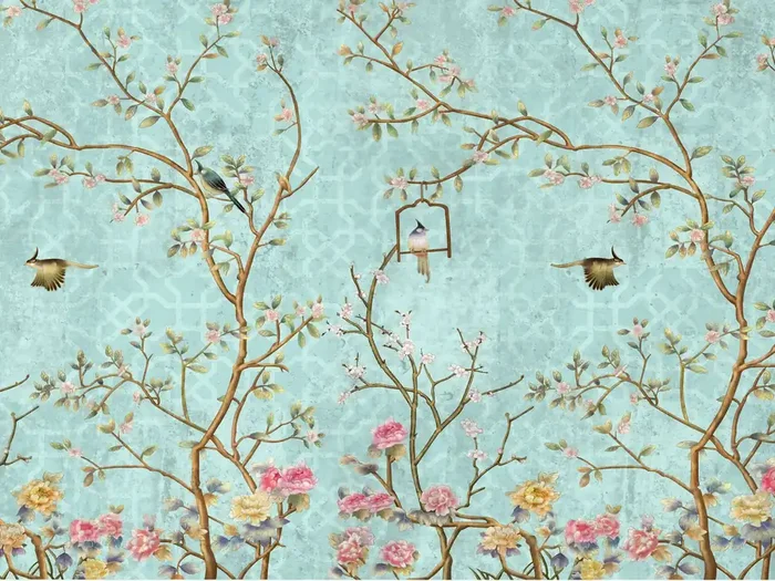 fotomural flores y pájaros azul, rosa y amarillo de Sanders & Sanders – 601000