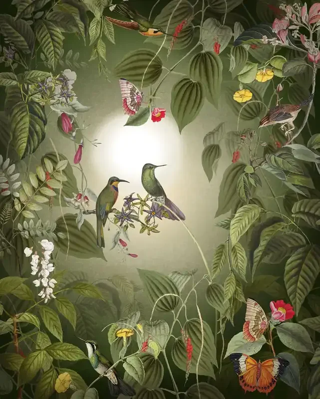 fotomural flores y pájaros verde de Komar – 610009