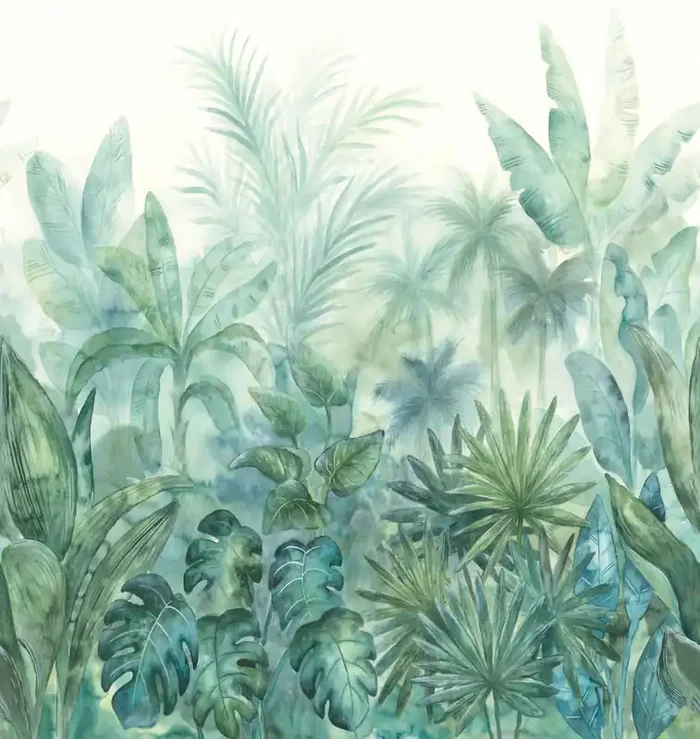 fotomural hojas tropicales verde, azul y beige crema de Livingwalls – AS-392301