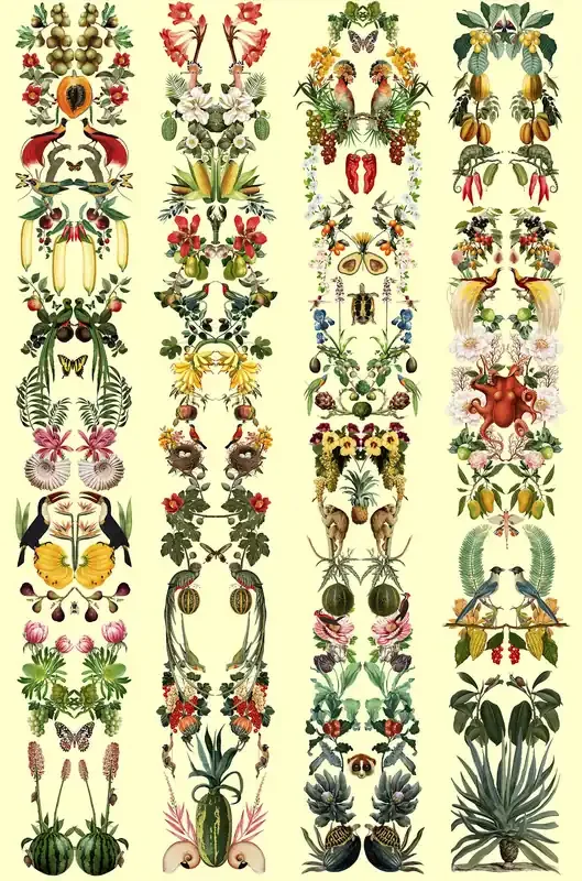 fotomural hojas y flores tropicales amarillo pastel claro y multicolor de Walls4You – 640101