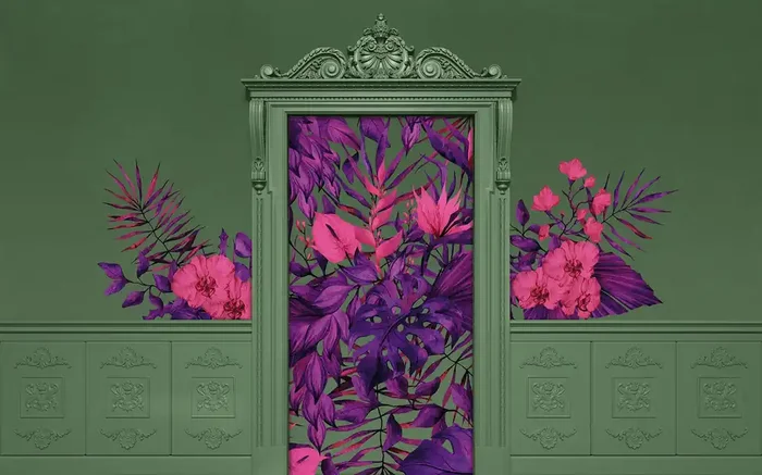 fotomural hojas y flores tropicales verde, morado y rosa de Komar – 612899