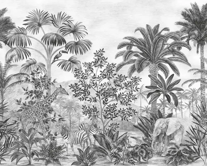 fotomural jungla con animales blanco y negro de Komar – 610858