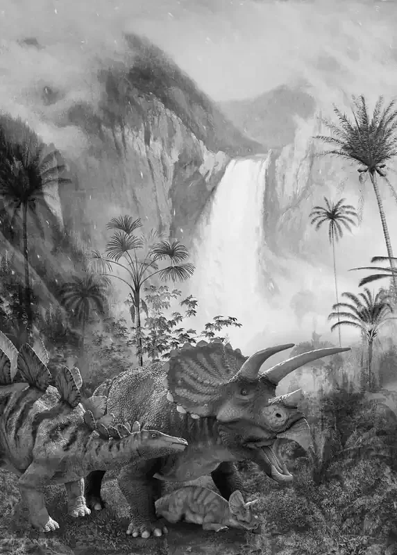 fotomural Jurassic Waterfall blanco y negro de Komar – 610837