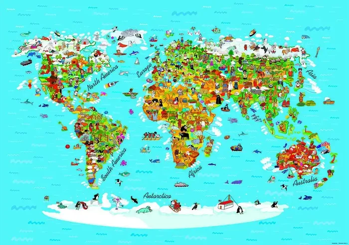 fotomural mapa mundial para niños azul, amarillo y verde de Sanders & Sanders – 600601