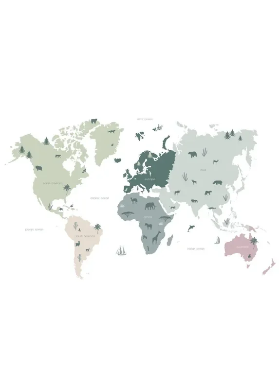 fotomural mapa mundial para niños menta verde, gris y rosa de ESTAhome – 158929