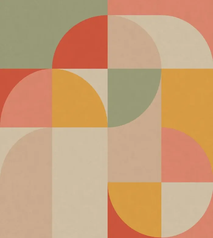 fotomural motivo geométrico en estilo Bauhaus rosa, amarillo ocre y menta verde de ESTAhome – 159368