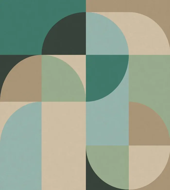 fotomural motivo geométrico en estilo Bauhaus verde pertróleo, menta verde y beige de ESTAhome – 159369