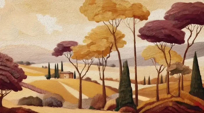 fotomural paisaje italiano amarillo ocre y morado de ESTAhome – 159456