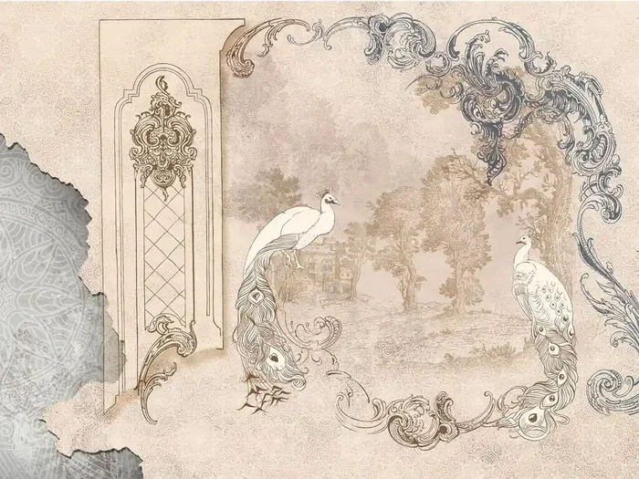 fotomural paisaje oriental con pavos reales beige de Sanders & Sanders – 600975