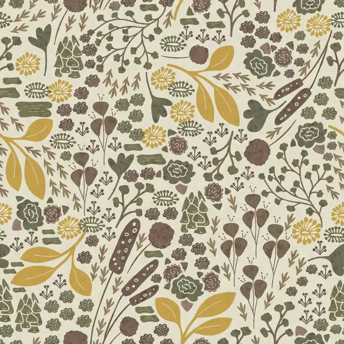 fotomural vintage flores amarillo ocre, marrón y verde oliva agrisado de Komar – 612914